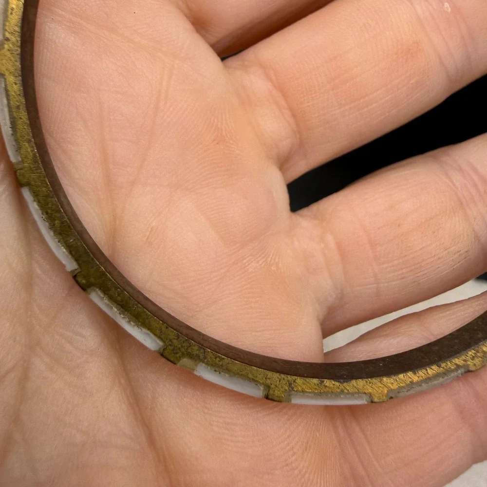 Vintage Brass Bangle Bracelet Gold White Mother of Pearl Inlay 8.5 Inch